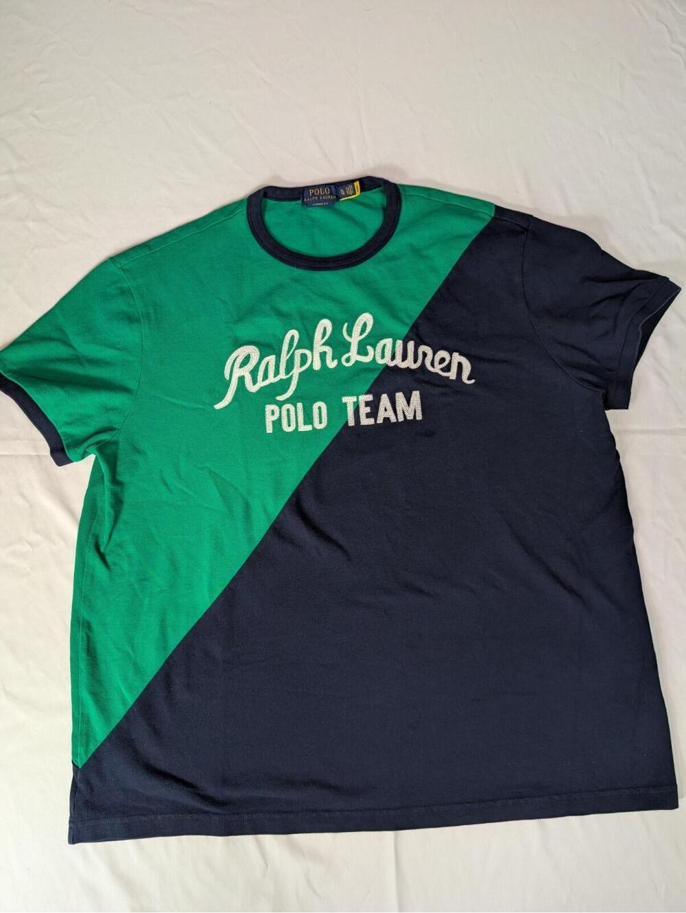 Polo Ralph Lauren Shirt XL Navy Green Diagonal Colorblock Polo Team Script Logo